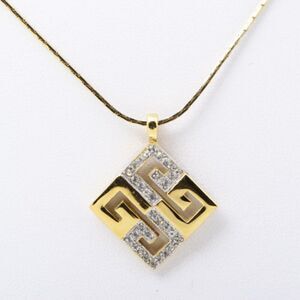 ✨ Vintage Givenchy Gold Logo & Rhinestone Square Pendant Necklace 16" ✨